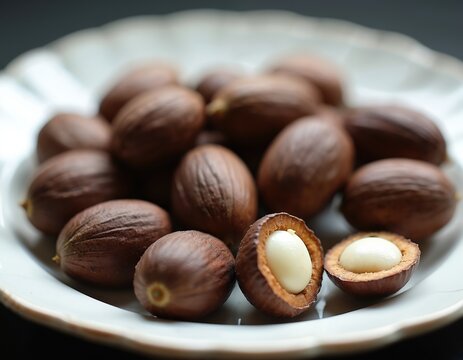 Brown baru nuts pile on white plate, one nut cracked open showing white inside. These nuts are from Brazilian cerrado, a healthy and nutritious food.