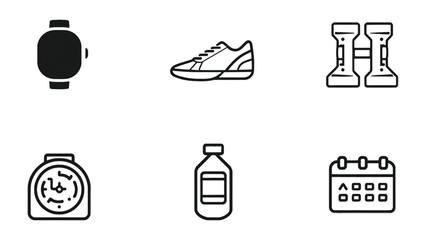 Fototapeta premium Fitness Essentials: A collection of six meticulously designed line art icons presents a set of fitness essentials, including a smartwatch, athletic shoe, dumbbells, alarm clock, water bottle.