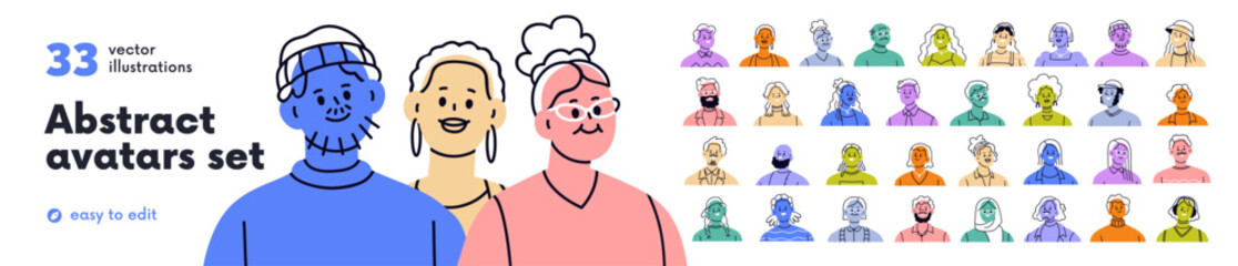 Colored abstract face avatars, diverse people set. Head portraits of happy smiling men and women characters, drawn user profiles in modern style. Flat vector illustration isolated on white background