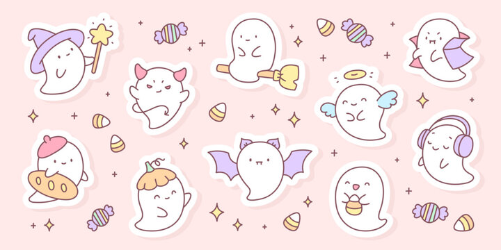Cute ghost sticker set with halloween characters and sweets. Collection of funny spooky spirits in different costumes with candies and playful details in soft pastel colors creating festive mood. 