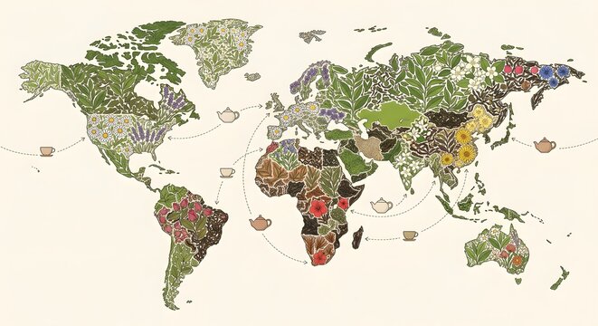 Illustrated world map made of tea leaves and floral herbs showing global tea trade routes with teapots and cups