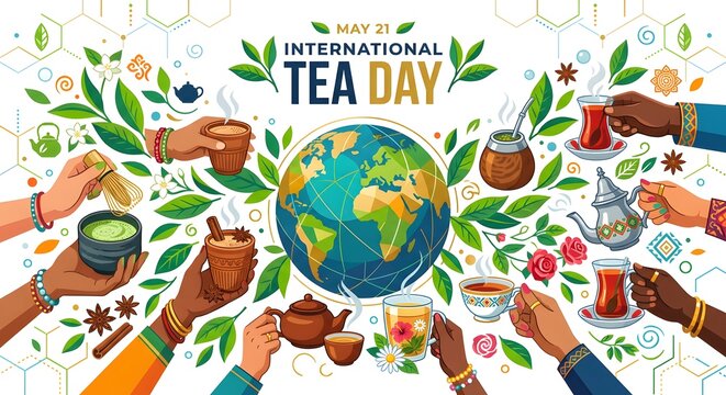 International Tea Day vector illustration with diverse hands holding different types of traditional tea cups around the globe