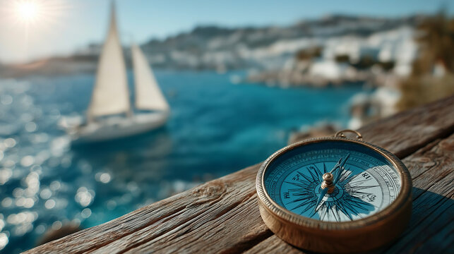 Navigational Harmony: A close-up view features a classic compass resting on a weathered wooden surface, with a sailboat gliding over the boundless sea in the blurred background.