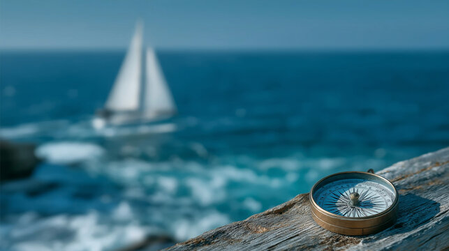 Guiding Light: A compass resting on weathered wood guides the way toward a sailboat cruising across the boundless expanse of the ocean. The scene evokes a sense of exploration, adventure.