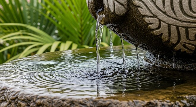 a stone-like platform, water being poured into it, palm leaf shadow on background,Water drips into a hand-carved stone basin creating circular ripples on the surface, with excess water overflowing ont