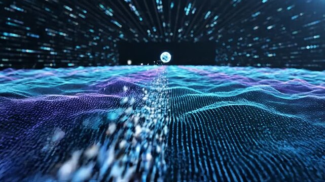 Abstract Digital Sphere of Light Particles Flowing Through Futuristic Landscape.
