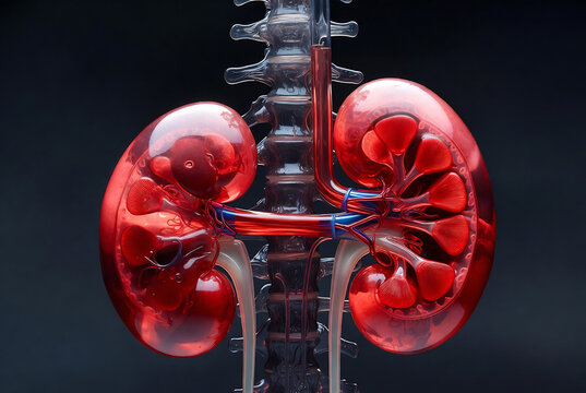 It depicts a human spine with the kidneys and their associated blood vessels.