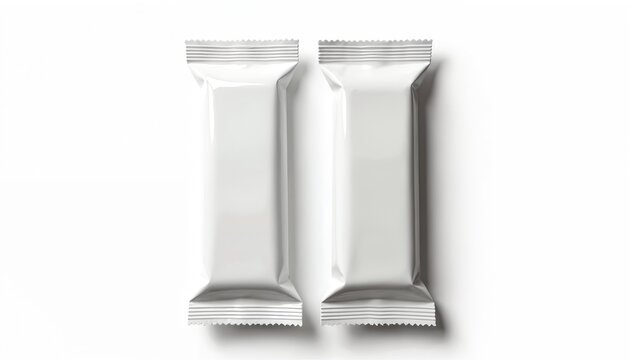 Two plain white snack bar wrappers stand side by side. Blank wrappers are ready for custom branding and text. Ideal for food product packaging design mockups and advertising.