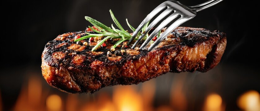 The Steak on a Fork with Rosemary Garnish Over Fiery Grilled Background