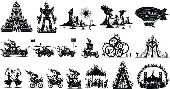 Festival silhouettes, desert celebration, fire art structures, surreal vehicles, dancing figures, DJ performance, community creativity, Burning Man inspired design