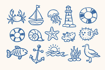 Marine doodle icon set vector illustration with crab, sailboat, jellyfish, lighthouse and ocean life symbols © Saad Hassan