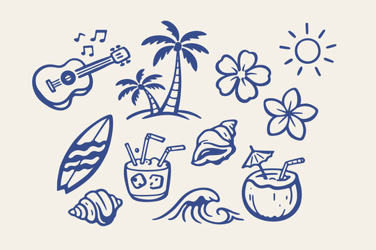 Tropical travel doodle icon set vector illustration with beach, hula dancer, toucan and island vacation