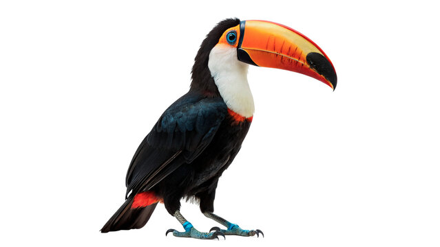 Bright toucan stands with a large colorful beak  isolated on transparent background cut out