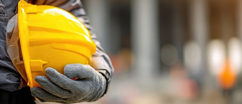 The Yellow Construction Helmet Held by Gloved Worker at Urban Building Site