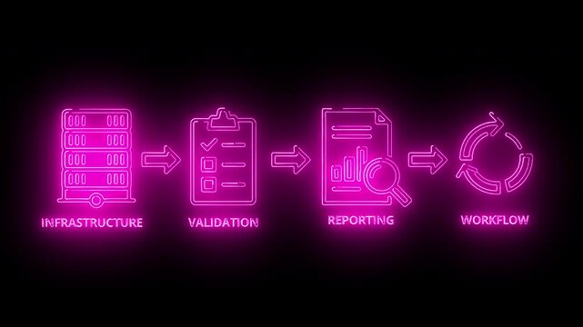 Neon-lit pink flowchart illustrating business process steps including infrastructure, validation, reporting, and workflow on a black background.