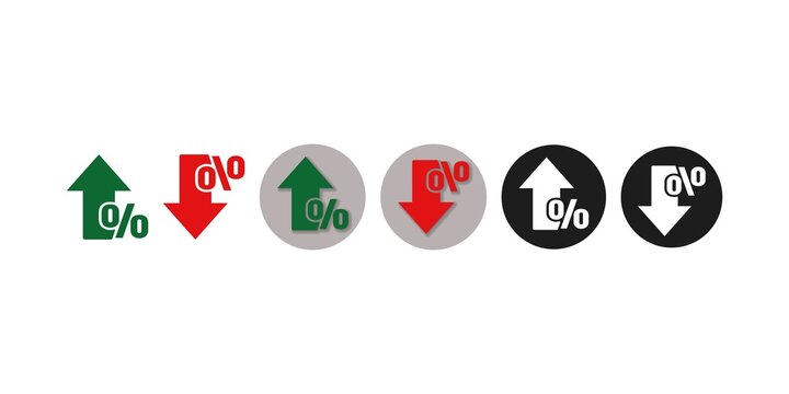Set of graphic icons representing percentage increase and decrease with arrows in different colors and backgrounds
