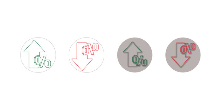 Set of icons depicting percentage increase and decrease with arrows isolated on transparent background