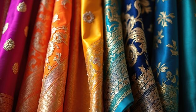 Bright Indian sarees display intricate gold patterns. Luxurious silk fabrics in vibrant colors like pink orange yellow blue and teal are beautifully draped. Traditional ethnic textile art.