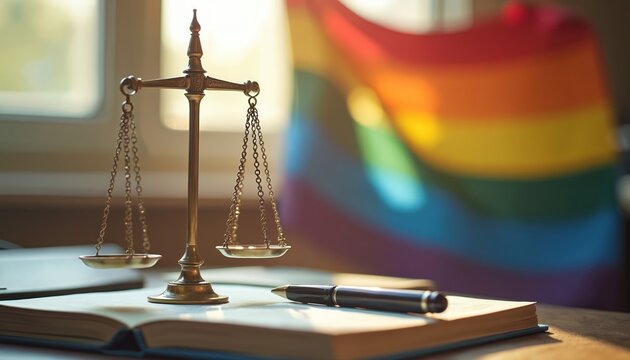 Scales of justice and pen rest on open book with rainbow flag background. Symbolizes LGBTQ rights law and legal support. Equality and fairness for all.