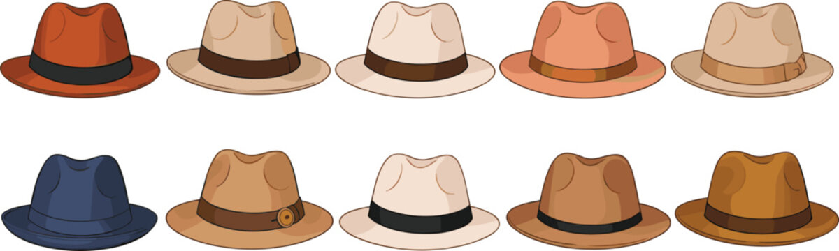 Colorful Vintage Fedora and Trilby Hat Vector Illustration Set Featuring Various Classic Men Fashion Accessories in Brown Beige Orange Blue and Tan for Style and Retro Concept Design