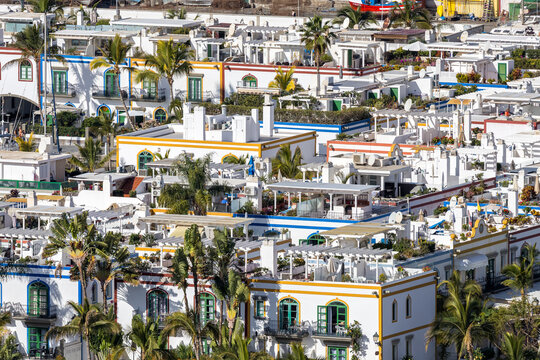 Puerto de Mogan on Gran Canaria island from above marina with sailing boats holiday in Spain