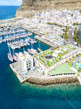 Gran Canaria aerial view photo from above Puerto de Mogan marina holiday by the sea in Spain