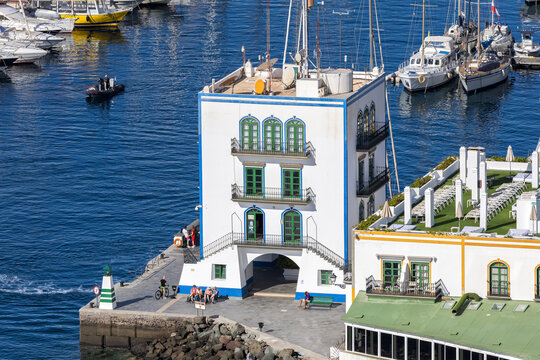 Puerto de Mogan on Gran Canaria island from above marina with boats holiday by the sea in Spain