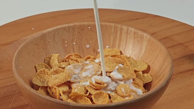 Pouring milk into corn flakes.