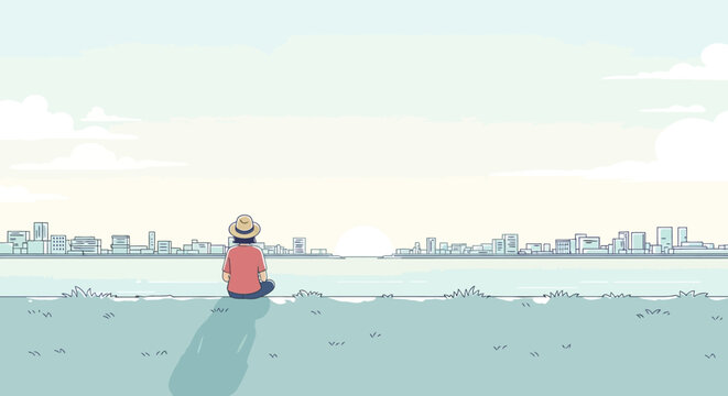 Person in hat watching sunrise over city skyline by tranquil sea, serene contemplation.