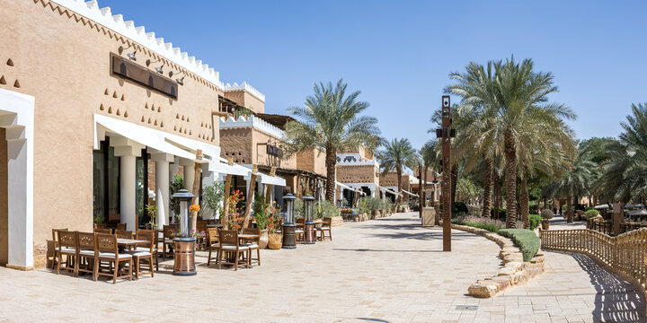 Riyadh restaurants at Al Bujairi terrace in the historic district of At-Turaif UNESCO World Heritage site panorama in Riyadh, Saudi Arabia