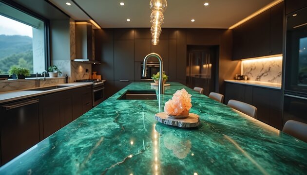 Modern kitchen features emerald quartzite island with sink and sleek faucet. Dark cabinets contrast with veined stone and pendant lights. Large window offers mountain view.