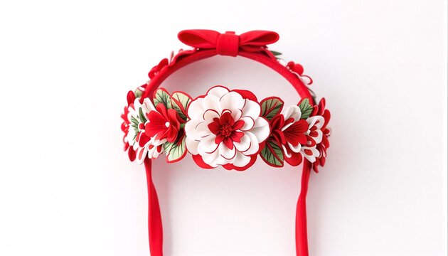 Elegant red and white floral headband with green leaves and bow