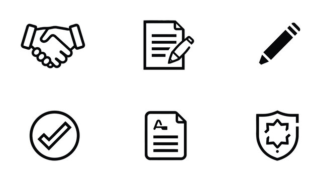 Contractual Agreement Icons: A collection of concise icons depicting key elements of a legal agreement, designed to visually represent the concept of business deals and contracts. 
