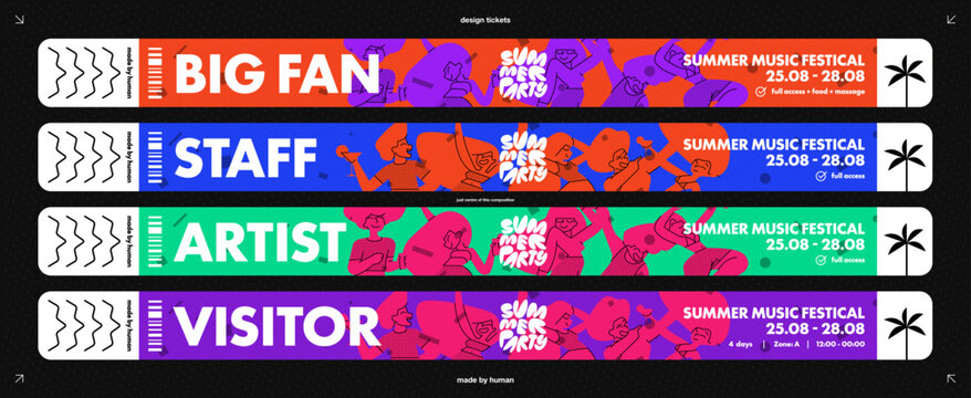 Ticket Wristband Bracelet Mockup for A Concert or Festival with Backstage Event Access. A Music Pass Design on An Arm with Hologram Logo and Red Sticker Template for A Party or Show