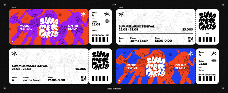 Summer Ticket Festival Template Design with Sticker and Pop Concert Party Music for VIP Events. An Exclusive Y2K and Travel Concept With Holographic Graphics on A Golden Background or Disco Pattern.