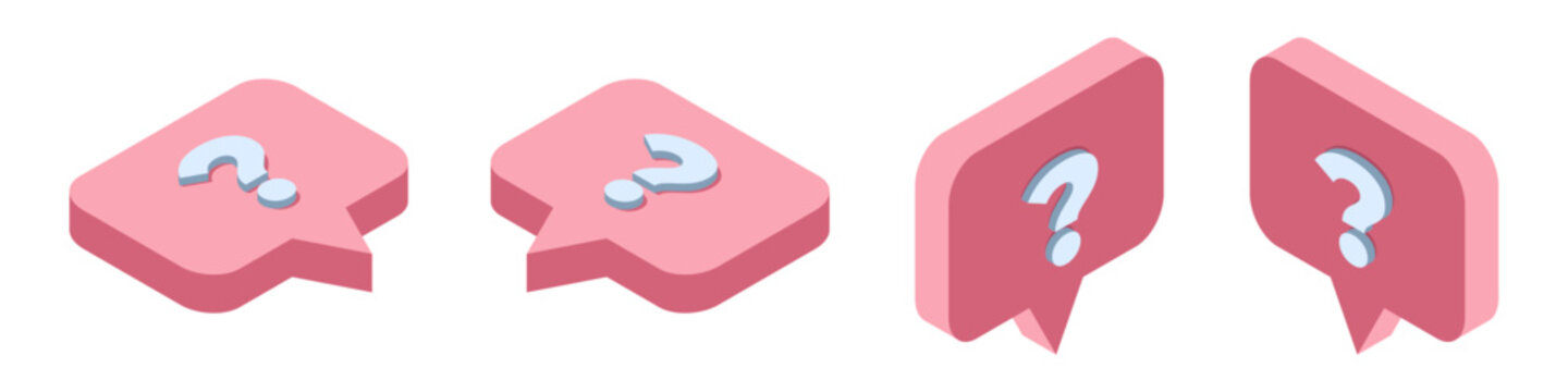 Set of isometric question mark. Isometric text bubble icon. Message box with question. Question mark inside speech bubble. Ask question concept