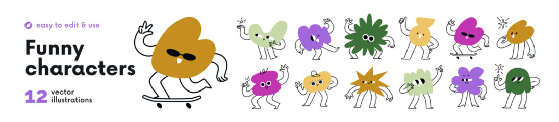 Obraz premium Funny abstract shapes characters, comic emoji, cartoon set. Cute doodle blobs, funky figures with happy smiling faces, emotions and expressions. Flat vector illustration isolated on white background