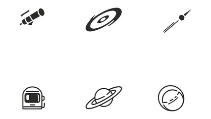 Celestial Wonders: A collection of captivating illustrations showcasing the cosmos. Explore a telescope, a galaxy, a comet, an astronaut helmet, a planet with rings, and a moon.  © Ajhar234