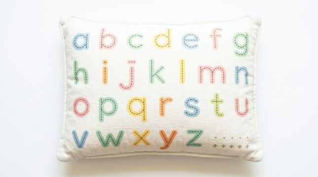Children learning pillow with traceable dotted alphabet letters soft cushion texture pastel tones minimal clean design