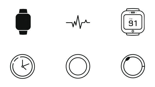 Time and Health Icons: A collection of simple, black and white line icons representing timekeeping devices and health-related symbols, designed for a modern and clean aesthetic.