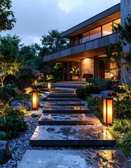 Fototapeta premium Luxurious modern home with illuminated pathway at dusk