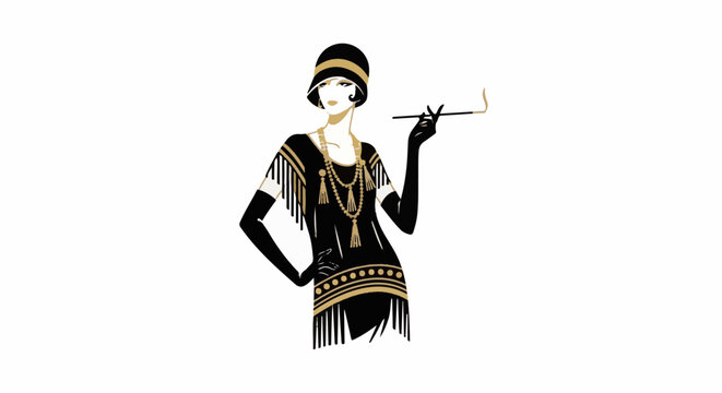 Art deco woman in a flapper dress and cloche hat, holding a cigarette holder