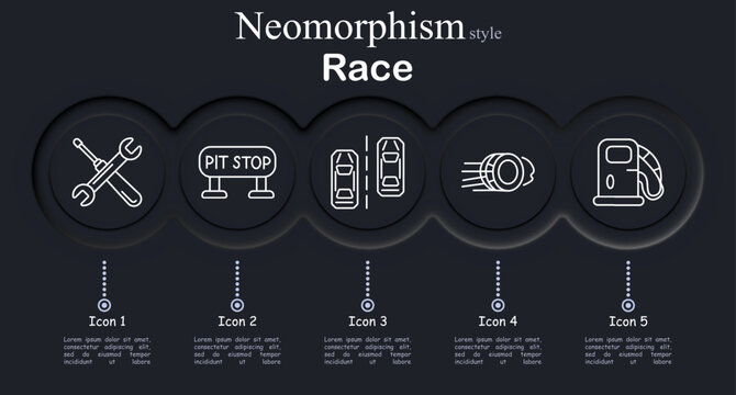Race set icon. Neomorphic circular interface line icons with crossed wrench tools, pit stop service sign, parallel racing cars lane view, spinning tire speed motion, fuel pump nozzle