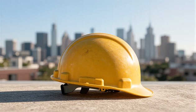 Yellow construction safety helmet on ledge with blurred city skyline