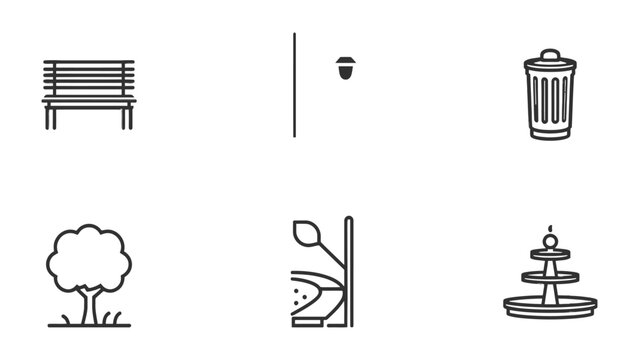 Park Amenities: A minimalist illustration set featuring essential park elements: bench, litter bin, tree, and water fountain. Showcasing the functionality and tranquility of urban green spaces.
