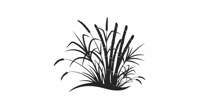 Black silhouette of cattail reeds and grasses on a white background