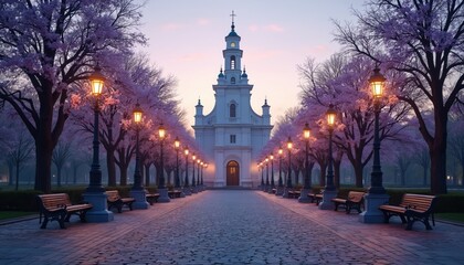 Fototapeta premium White building with cross stands at end of paved walkway lined with blooming trees and lampposts. Benches sit beside path leading toward church.