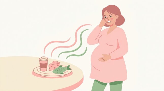 Medical Illustration Showing Pregnancy Symptoms Related to Food Aversions and Nausea in a Kitchen Setting