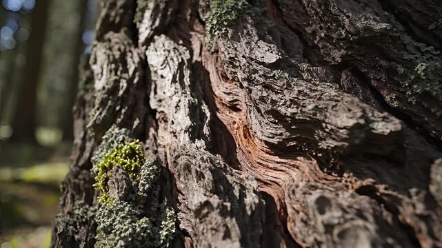 Closeup of Textured Tree Bark with Moss in a Forest Setting.
