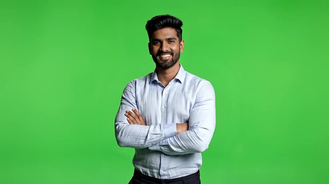 Confident Young Man Standing With Arms Crossed on Green Screen Background.